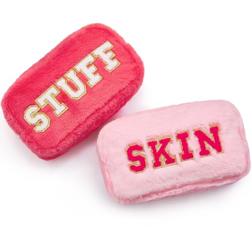 Chunful 2 Pcs Chenille Letter Preppy Makeup Bag Fuzzy Cosmetic Bag Preppy Stuff Hair Skin Face Stuff Pouch with Zipper for Women Travel Storage Organization(Pink,Watermelon Red)