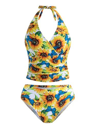 Image of YOURUIKEY Girls Tankini Swimsuit 2 Piece Halterneck Bathing Suit Adjustable Straps and Removable Bra for Girls and Teen 7-16Y