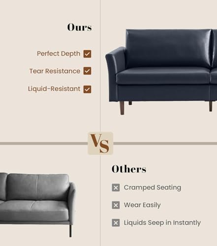 Image of Kingfun 58 inch Faux Leather Loveseat Sofa, Mid Century Modern Leather Couch for Living Room, Small Love Seat for Small Spaces, 2-Seater Mini Sofa with Rolled Arms and Deep Seats, Royal Blue