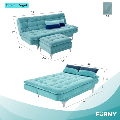Image of FURNY Supersoft 3 Seater Fabric Sofa Cum Bed with Ottoman (Sky Blue) Premium Velvet Finish with Extra 2 Cushions, Ideal for Living Rooms, Bedrooms, Offices