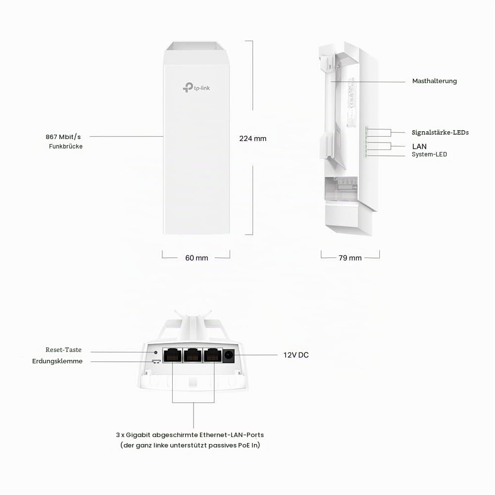TP-Link Omada EAP211-Bridge KIT WLAN Bridge 5GHz 867Mbit/s, Outdoor CPE bis 1km Reichweite, 3× Gigabit Ports, IP65 wetterfest, PoE, Punkt-zu-Punkt WLAN für Überwachung & Netzwerk Erweiterung