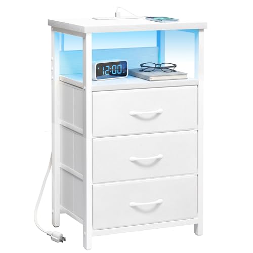 Image of Fixwal White Nightstand with Charging Station, LED Night Stand with 3 Fabric Drawers and Open Shelf, Bedside End Table in Bedroom