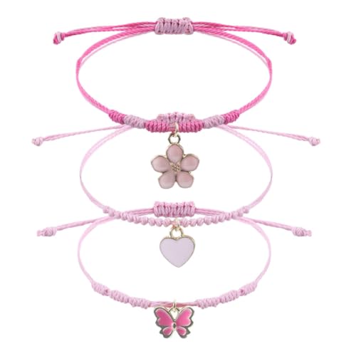 Lot de 3 bracelets de l'amitié pour fille - Bracelet tressé réglable - Bracelet fleurs coeurs papillons pour filles - Cadeaux et pochettes de fête...