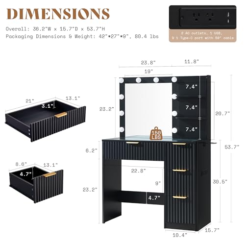 Image of AMERLIFE 36.2 inch Fluted Vanity Desk with Mirror and Adjustable LED Lights, Large 4 Drawers Makeup Table with Glass Top and Charging Station for Women and Girls, Bedroom or Dorm, Black