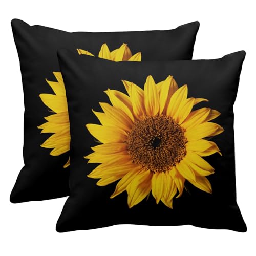 Emvency Set of 2 Sunflower Throw Pillow Covers Yellow Black Sun Flowers Decor Pillowcases Polyester 20 X 20 Inch Square Hidden Zipper Home Cushion Decorative Pillowcase