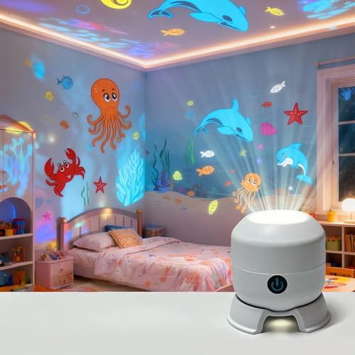 VUCHEET Dynamic Rotating LED Projector Light USB Rechargeable LED Light Projector Snowflake/Christmas/Ocean 3 Scene Options Adjustable Brightness Unique Base Design (Ocean Charging)