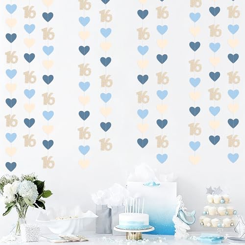 Image of Champagne Gold Blue 16th Birthday Decorations Champagne Gold Dusty Blue Heart Garland Streamer Banner Backdrop for Girls Happy 16th Birthday Sweet 16 Decorations Cheers to 16 Years Old Party Supplies