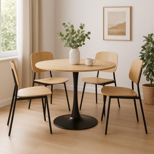 SENHO Table à Manger Ronde pour 4 à 5 Personnes diamètre 100 cm, Finition mélamine Imitation chêne, Base Ronde en métal Noir - Tulips