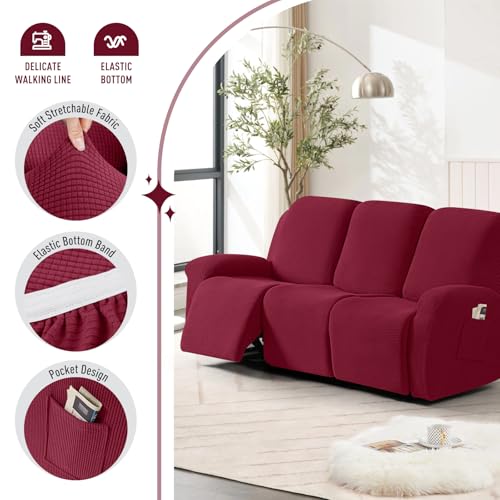 Image of TAOCOCO Recliner Sofa Covers 8-Pieces Stretch Large Couch Covers for 3 Seats Reclining Slipcovers Soft Jacquard Pattern Furniture Protector (Burgundy)