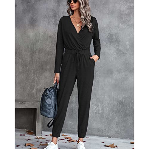 Greensen Combinaison pour Femme, Combinaison à Col en V croisé pour Femme, Combinaison Pantalon à Manches Longues Combinaison de Couleur Unie avec une Taille Haute et des Lacets (Le noir) – vue 2