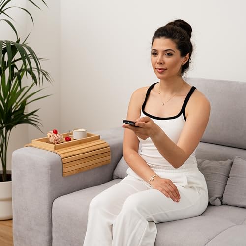 Bamboo Sofa Arm Tray – Foldable Couch Table for Snacks, Drinks & Remotes | Non-Slip Wooden Armrest Organizer for Recliners, Sectionals, and RVs - Image 9