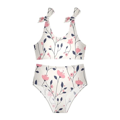 KLL Pink Floral Plant Small Fresh Background Girls' Two Piece Bikini Sets Beach Swimsuits Swimwear Adjustable Shoulder Strap3
