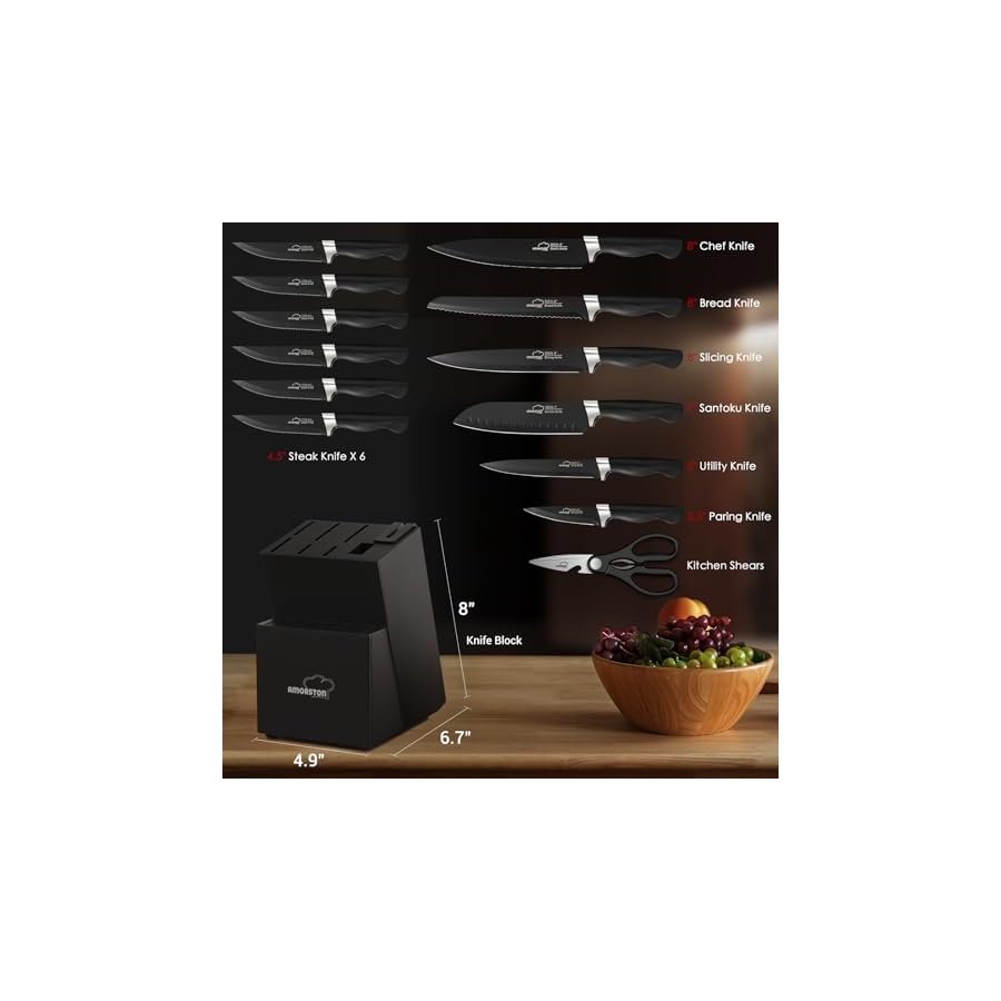 Knife Set, Amorston 15 Pieces Knife Sets for Kitchen with Block, Dishwasher Safe Kitchen Knife Set with Built in Sharpener Block, German Stainless Steel Knife Block Set, Black