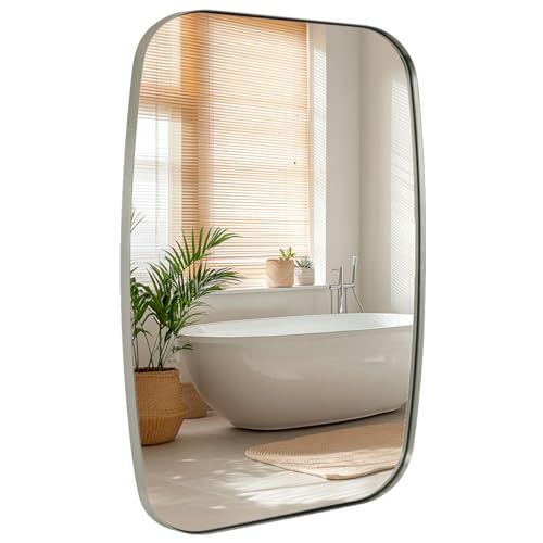 ANDY STAR Brushed Nickel Mirror, 24x32’’ Oval Mirror for Bathroom, Brushed Nickel Oblong Bathroom Mirror for Over Sink, Modern Anti Rust Silver Vanity Mirror
