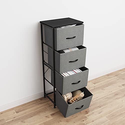 Fezibo 4 Drawer Fabric Dresser Storage Tower, Organizer Unit For Bedroom, Closet, Entryway, Hallway -Steel Frame, Wood Top, Easy Pull Handle, Dark Grey #TOP5