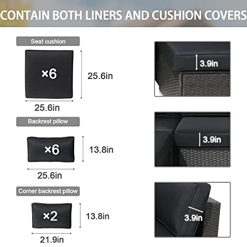 Fkslife Outdoor Furniture Replacement Cushions, Sectional Rattan Conversation Set Water-Resistant Replacement Sofa Cushions, Liner&Cover (Black （14 Piece）, 25.6×25.6×4 Inches) #TOP5