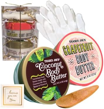 Coconut Body Butter, Grapefruit Body Butter (8 oz. each) Mom Gift Set Bundle- Trader Joe's Creamy Luxurious Shea Body Butter with Moisturizing Cotton Gloves, Bamboo Scoop for Women's Birthday Gift