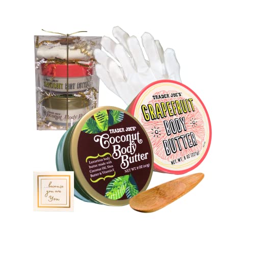 Coconut Body Butter, Grapefruit Body Butter (8 Oz. Each) Mom Gift Set Bundle- Trader Joe's Creamy Luxurious Shea Body Butter With Moisturizing Cotton Gloves, Bamboo Scoop For Women's Birthday Gift #TOP1