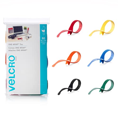 VELCRO Brand ONE-WRAP Cable Ties | 60Pk | 8 x 1/2" Straps, Multicolor | Strong Reusable Wire Management | Cord Bundling for Home Office and Data Centers #1