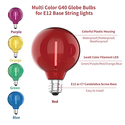 25 Pack G40 LED Replacement Bulbs, Multicolor E12 Candelabra Base Shatterproof