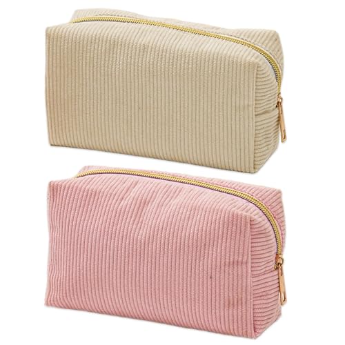 MLPKOI 2 Pcs Trousse de Maquillage, Trousse de Toilette Voyage, Ttrousse Maquillage, Sac à Cosmétiques avec Fermeture éclair, Grande Capacité. Organisateur d'accessoires pour Femme Fille (Beige&Rose)