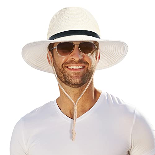 Men Wide Brim Straw Hat,Man Summer Beach Sun Hat UPF50+, Sun - Protected Straw Hats for Men, Nai White, One size