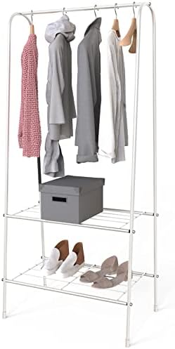 LONENESSL Metal Clothes Rail Garment Rack, Heavy Duty Coat Rail with 2 Tier Storage Shelf, A-shaped Clothes Rack, Stand Rail Hanger Organiser Shelf Bedroom Clothing Rack (White)