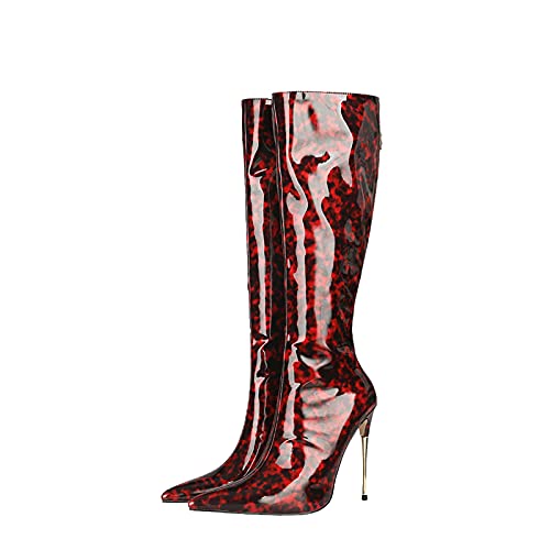 12CM / 4.72IN Moda para Mujer Sexy Cabeza Puntiaguda Mujer Stiletto Sexy Elegante Damas Discoteca Botas Altas hasta la Rodilla Botas Stiletto tacón Alto Pole Dancer Botas,Rojo,34 EU