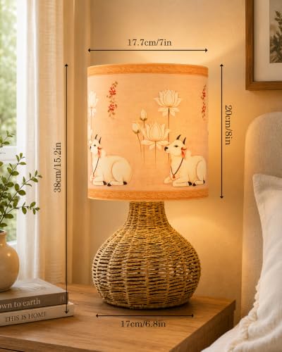 Image of Homesake Handwoven Rattan Table Lamp with Pichwai Art Printed Fabric Shade, Decorative Raffia Spinning Bedside Lamp, Boho Table Lamp with E27 Holder, Living Room & Bedroom Decor