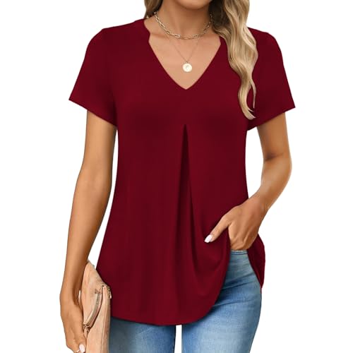 Elesomo Tshirt für Damen Kurzarm Longbluse V Ausschnitt Elegant Sommer Locker Obeiteile,Weinrot XL