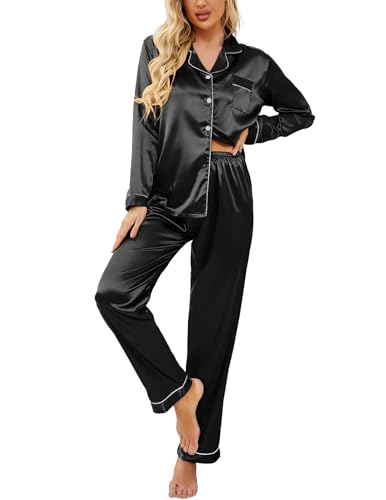 Ekouaer Schlafanzug Damen Seide Pyjama Set mit Knopf Frauen Seide Schlafanzug Damen Seide Lang Zweiteiliger Pjs Sets Hausanzug,Schwarz,S