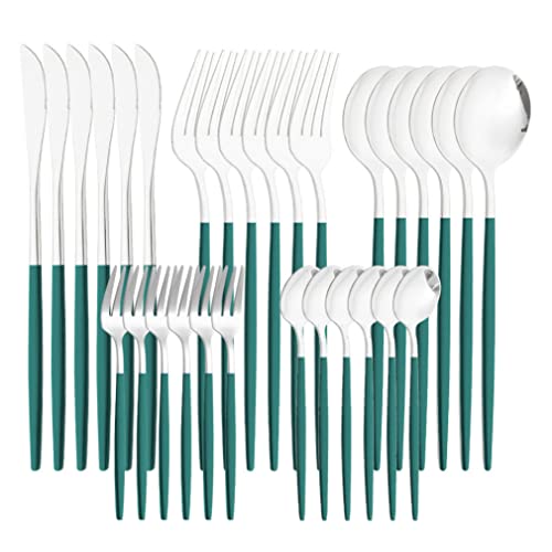 Coffret de couverts 30 pièces en acier inoxydable Vaisselle de table avec couteaux, fourchettes, cuillères, service de famille pour 5 personnes (vert/argent)