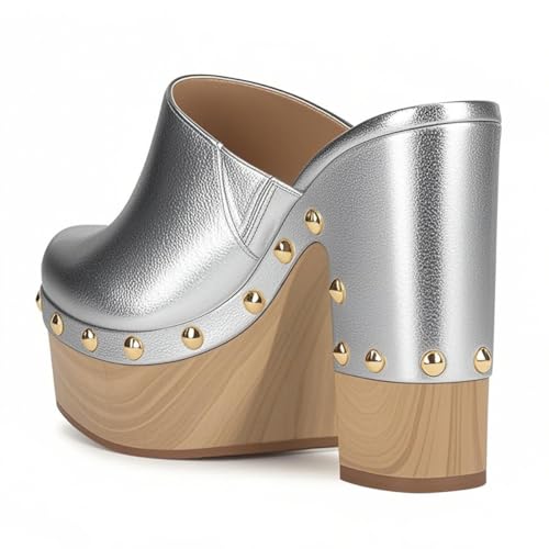 FSJ Women Closed Round Toe Mules High Chunky Heeled Sandals Slip On Platform Wooden Clogs Studs Comfy Shoes Size 4-16 US4