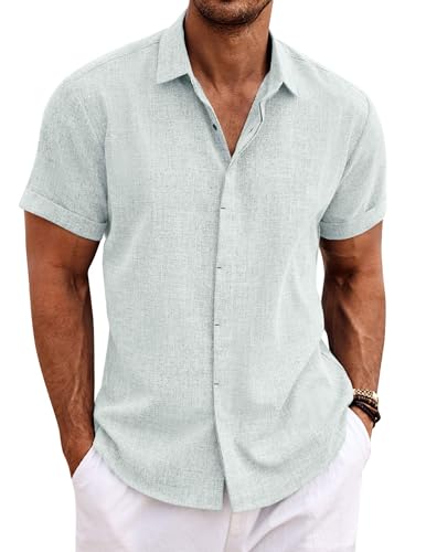 Image of COOFANDY Men's Linen Shirts Short Sleeve Casual Shirts Button Down Shirt for Men Beach Summer Wedding Shirt