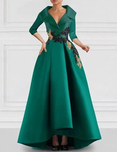 A-Line Vintage Elegant Evening Gown Embroidered Floor Length Long Sleeve V Neck Satin Formal Dress with Appliques3