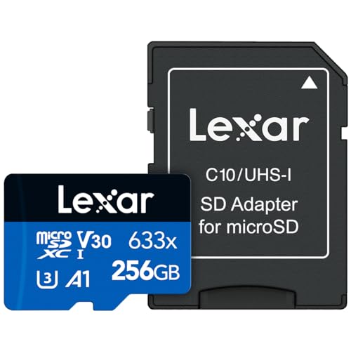 Tarjeta Lexar de alto rendimiento 633x 256GB microSDXC UHS-I con adaptador SD, C10, U3, V30, A1, Full-HD y vídeo 4K, hasta 100MB/s de lectura, para teléfonos inteligentes, tabletas y cámaras de acción (LSDMI256BBNL633A)