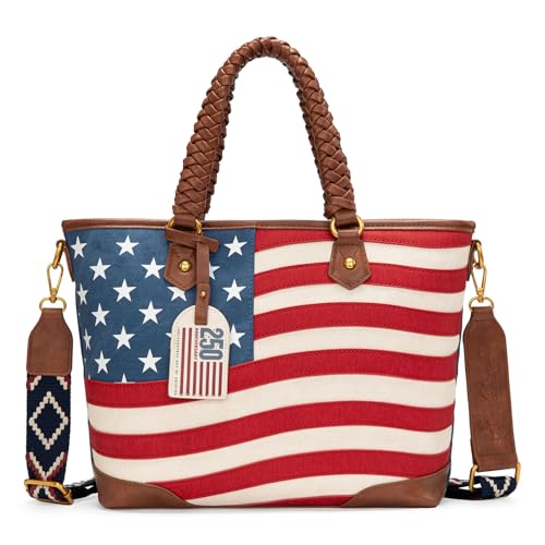 Montana West American Flag Tote Bag for Women Vintage Patriotic Western Shoulder Purse with Braided Top Handles and Crossbody Strap for Work Travel Everyday Use MW-HB-1385G-8317RD