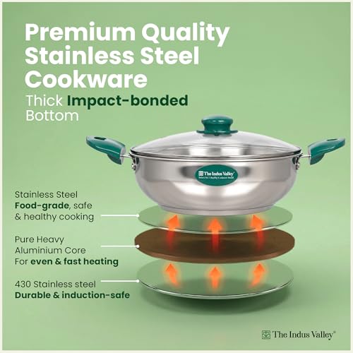 Image of The Indus Valley Stainless Steel Impact Bonded Kadai 3.7 litres | Even Heating Cookware | 100% Toxin-Free | Heat-Resistant Handle | Induction-Friendly | Suitable for Gas & Induction Cooking
