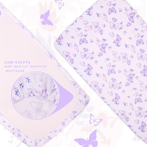 Image of Cloele Crib Bedding Set for Girls, 3 Pieces Floral Butterfly Baby Bedding Set -Includes Comforter Fitted Sheet Crib Skirt,Standard Size Nursery Baby Crib Set for Girls,Purple