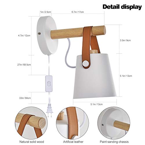 Hj.luyo Wall Lamps For Bedroom Set Of 2 Indoor Wall Sconce Plug In Cord White Modern Wooden Sconces Wall Lighting For Farmhouse Bedside Aisle Corridore #TOP2