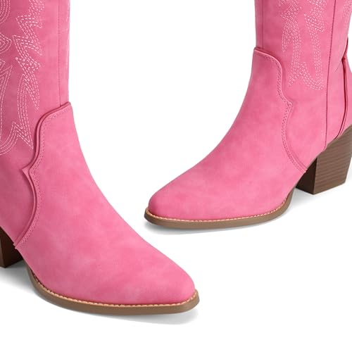 Image of DREAM PAIRS Womens Cowboy Boots Wide Calf Comfortable Pull On Zipper Chunky Heel Pointed Toe Embroidered Western Cowgirl Knee High Boots Ladies Retro Tall Boot