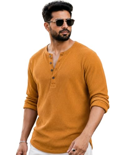 Image of AUSK Men's Waffle Knit Henley T-Shirt | Cotton Blend Full Sleeve Textured Casual T Shirt | Regular Fit Button Placket Round Neck Tshirt for Men
