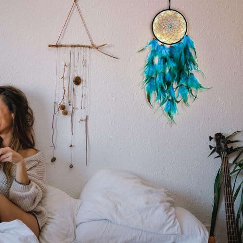 BigKego Traumfänger Handgefertigt Dreamcatcher mit Federn und Perlen Vintage Traumfänger Kinder Bohemian Dekoration für Wandbehang Wohnkultur Ornamente Handwerk Dekoration Blau