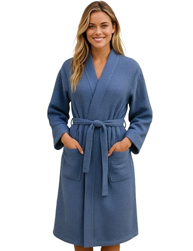 Morgenstern Bademantel Damen Leicht 100% Baumwolle Waffelstoff Waffelpique...