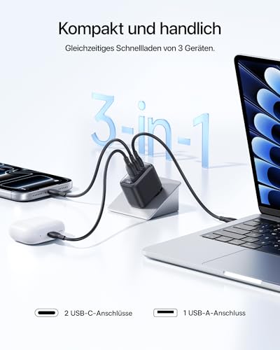 Baseus Enerfill 70W USB C Ladegerät, 3-Port GaN6 Schnellladegerät, kompaktes Netzteil für MacBook Air, iPhone 17/16/15 Pro Max, iPad Pro… – Ansicht 3
