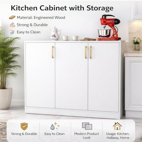 Image of Spyder Craft Modern Engineered Wood Sideboard & Crockery Cabinet - 3-Door Storage Organizer with Gold-Finish Handles and Geometric Pattern for Living Room, Kitchen, and Office (White)