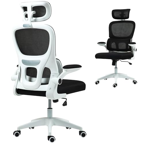 Sedia da Ufficio Ergonomica con Braccioli Ribaltabili e Poggiatesta, Sedia Scrivania Girevole con Altezza Regolabile, Supporto Lombare e Funzione Dondolo in Tessuto in Rete per Studio, Nero