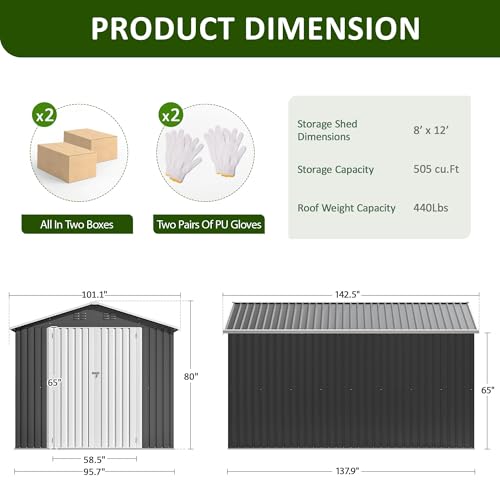 Image of DAUSOLA 7.1x12 FT Outdoor Storage Shed, Metal Garden Tool Shed with Updated Frame Structure and Lockable Doors, Ideal for Backyard Garden Patio Lawn, Grey