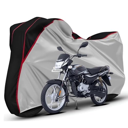 Image of Waterproof Bike Body Cover Compatible with Bajaj Platina Dustproof Scratchproof - Motorcycle Cover for Two Wheeler, Outdoor Full Cover with UV, Duty, Rain Protection (Silver Top Black)