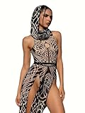 Women's Desert Warrior Mesh Costume Set – Cyber Print Bodysuit with Split Skirt and Face Hood for Festival & Rave (Black, M)